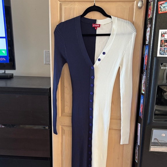 STAUD Navy White Shoko Color Block Long Sleeve Button Ribbed Dress-M - Picture 2 of 8